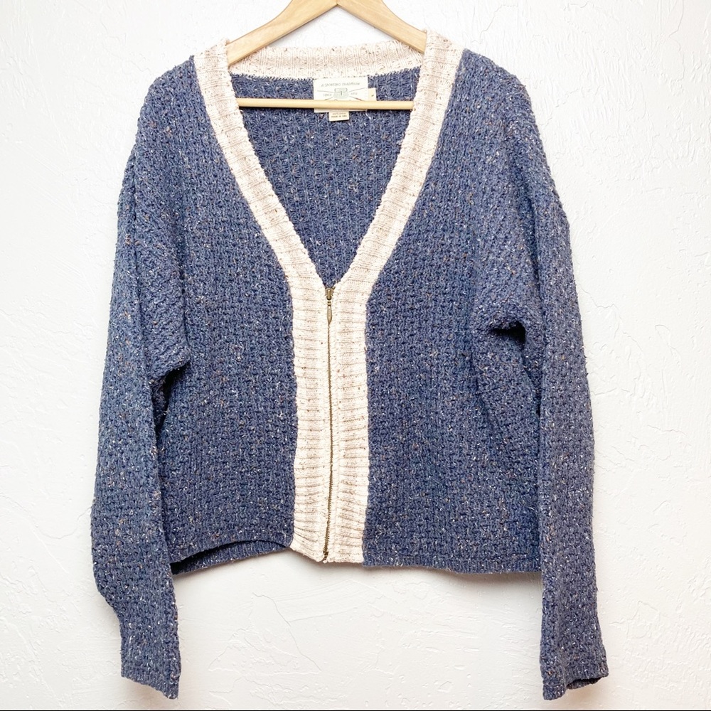 Orvis zip front vintage cardigan blue cream L